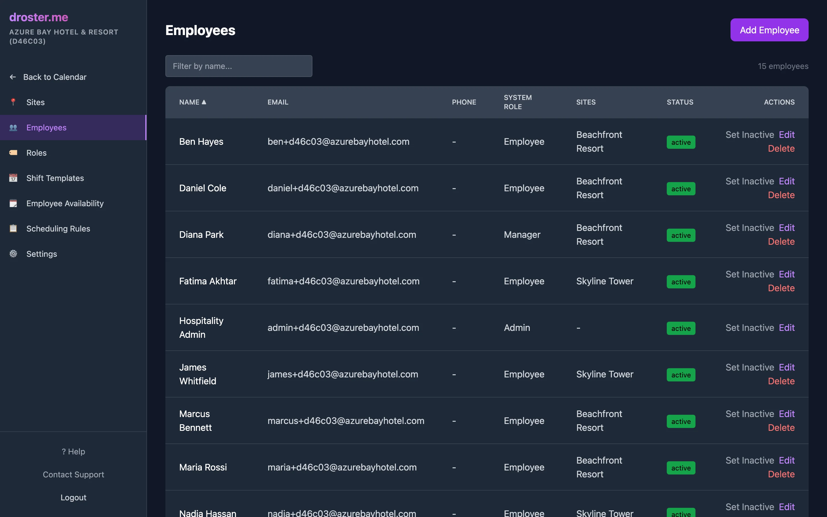 DRoster employees page listing hotel staff with their roles and sites