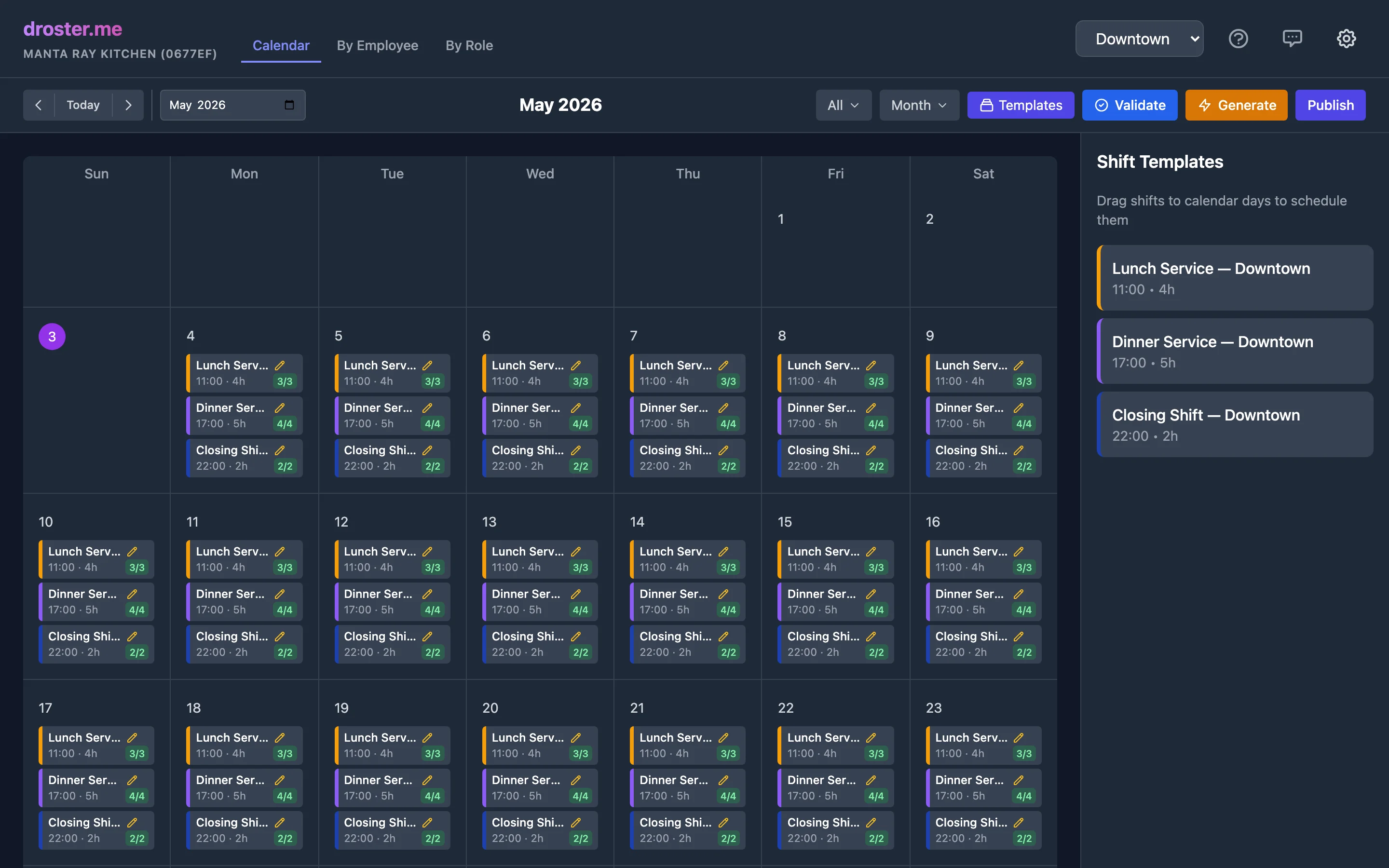 DRoster monthly schedule view showing assigned restaurant shifts across May 2026