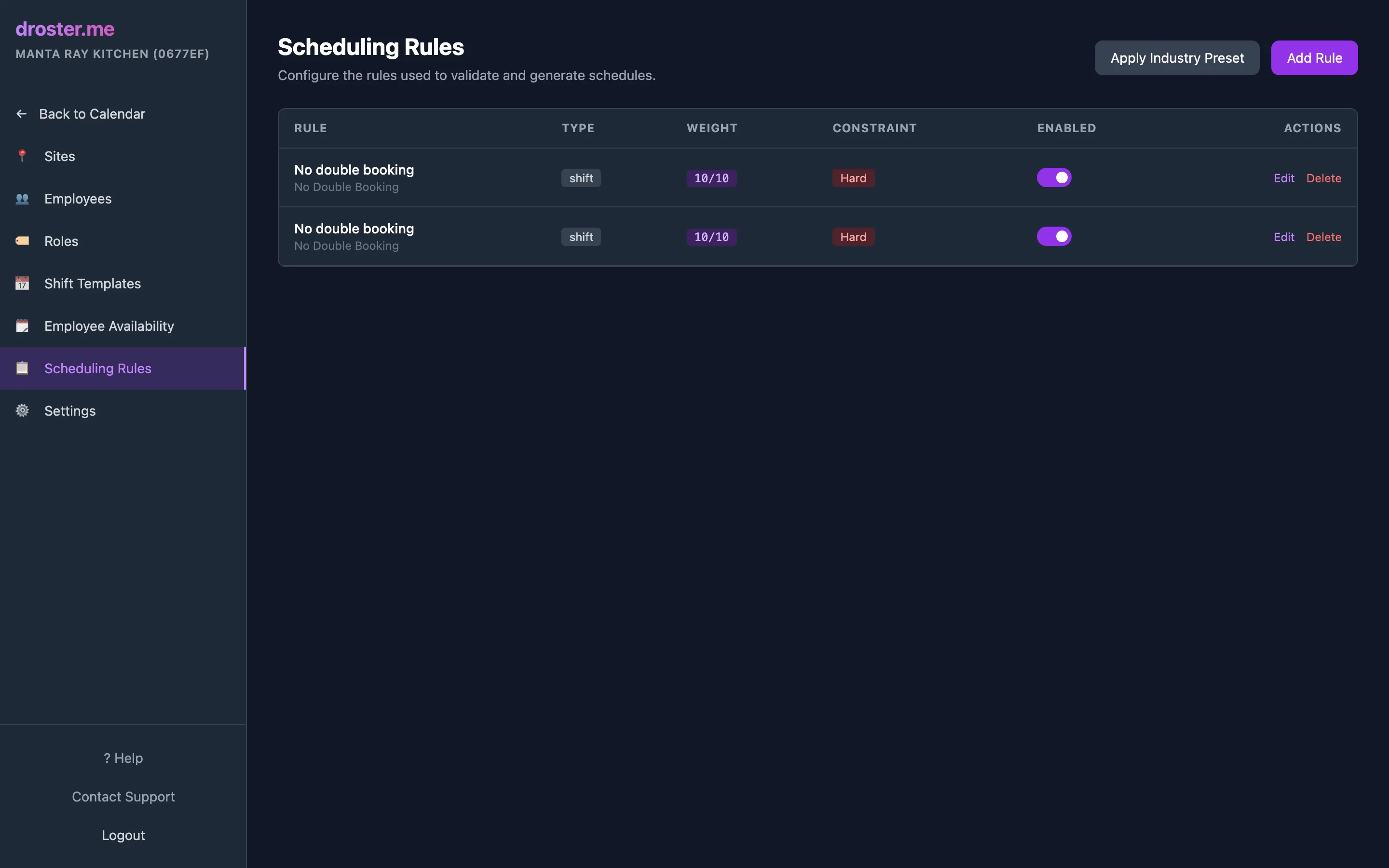 DRoster rules engine showing scheduling constraints