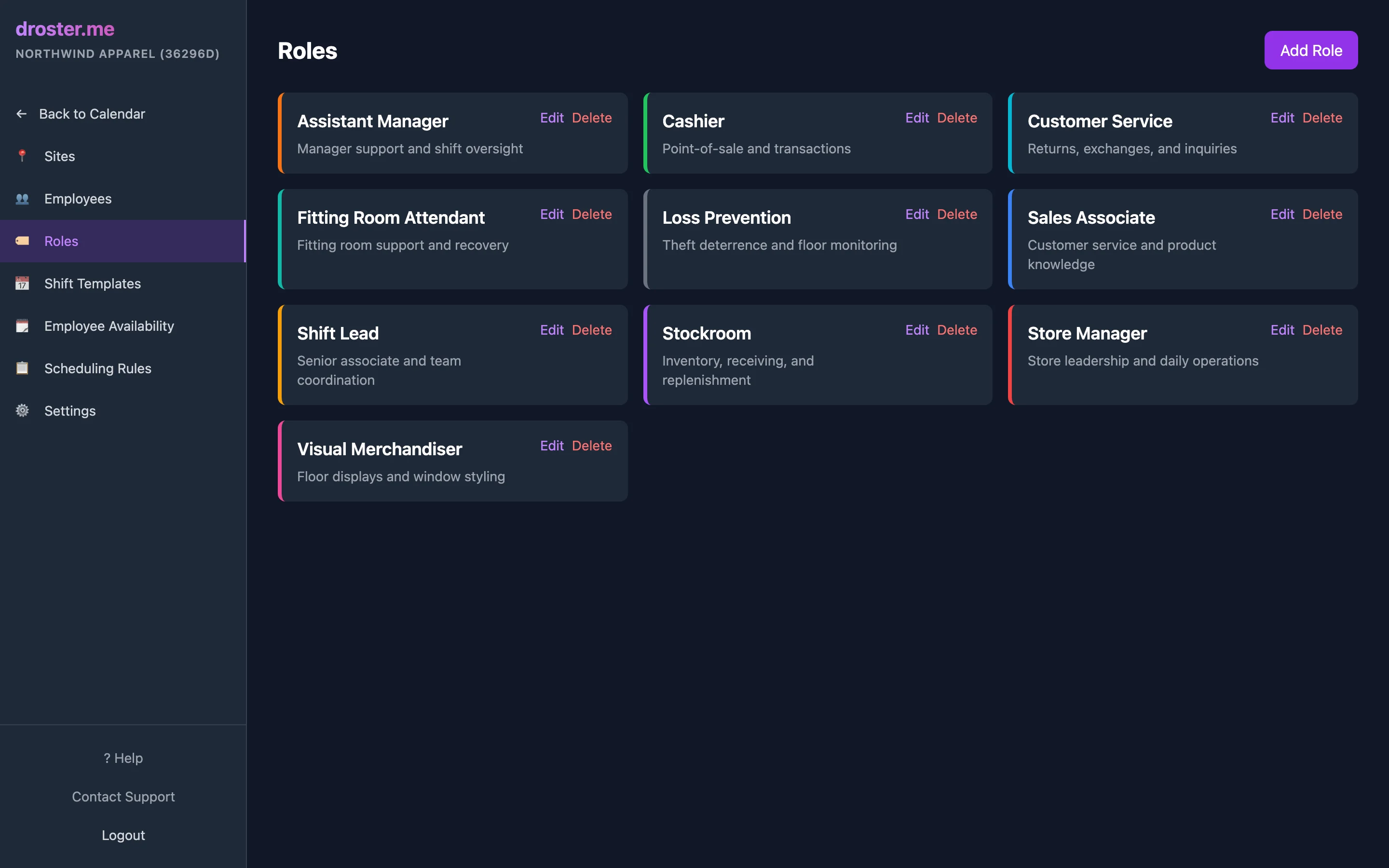DRoster role management page showing retail roles with colors